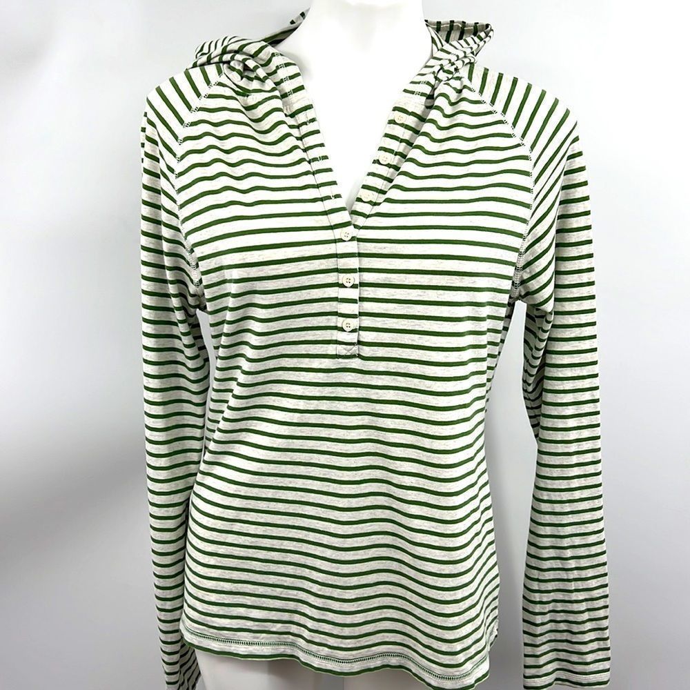 J. Crew Green and White Striped Hooded Pullover